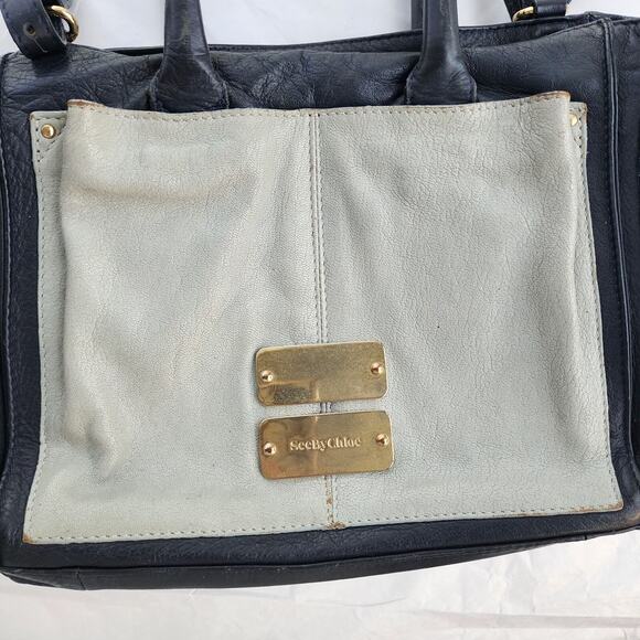 SEE BY CHLOE Nellie Navy Light Blue Gray Leather Handbag Crossbody Trapezoid - Picture 4 of 9